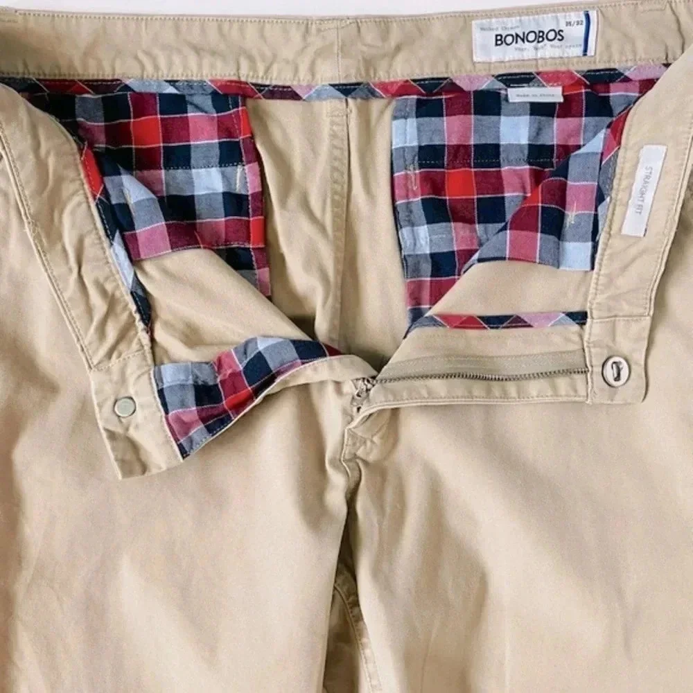 Bonobos Men’s Straight Fit Cotton Twill Chinos Khaki Plaid Accents 35x32